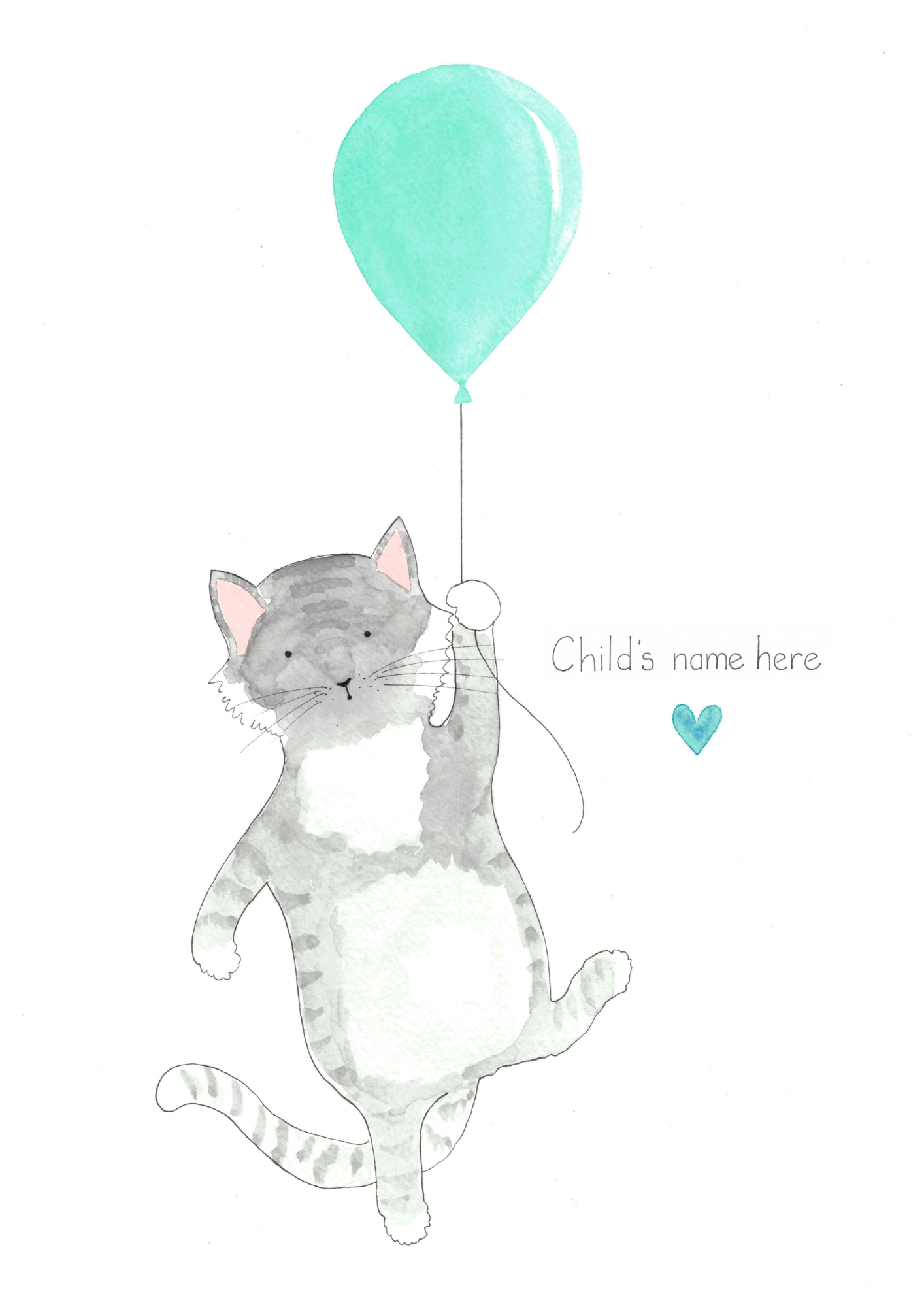 grey cat kitten personalised watercolour painted in Paris, ideal birth gift or wall art for child or baby bedroom and nursery