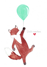 fox with balloon personalised watercolour painted in Paris, ideal birth gift or wall art for child or baby bedroom and nursery