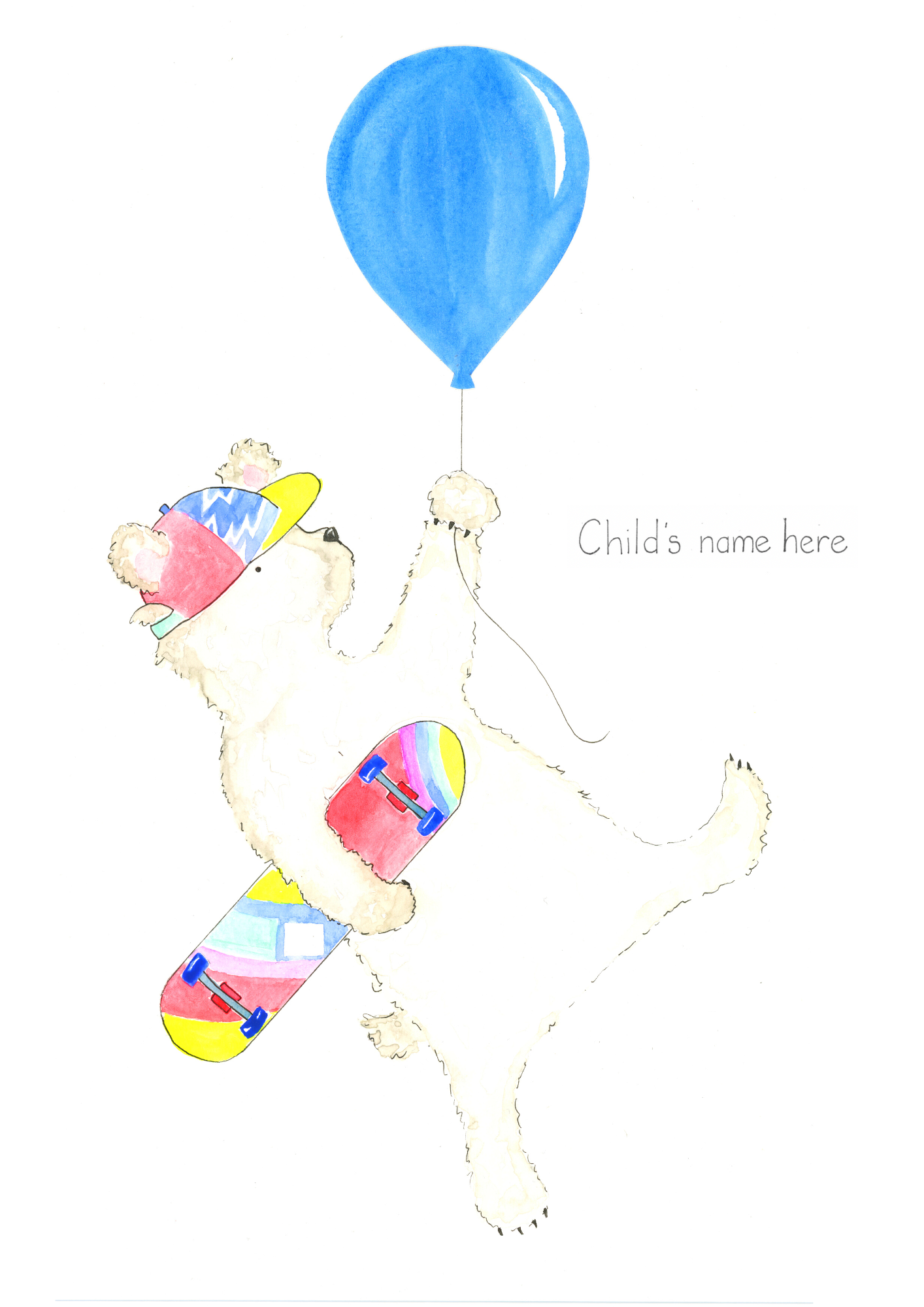 skater polar bear personalised watercolour for child or baby bedroom wall art