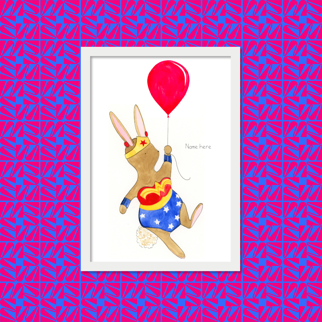 Wonder Woman rabbit super hero personalised watercolour wall art for child or baby bedroom birth gift