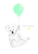 koala with balloon personalised watercolour painted in Paris, ideal birth gift or wall art for child or baby bedroom and nursery