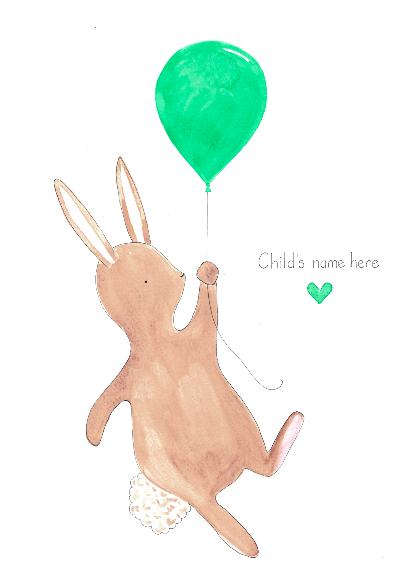 rabbit with balloon personalised watercolour painted in Paris, ideal birth gift or wall art for child or baby bedroom and nursery